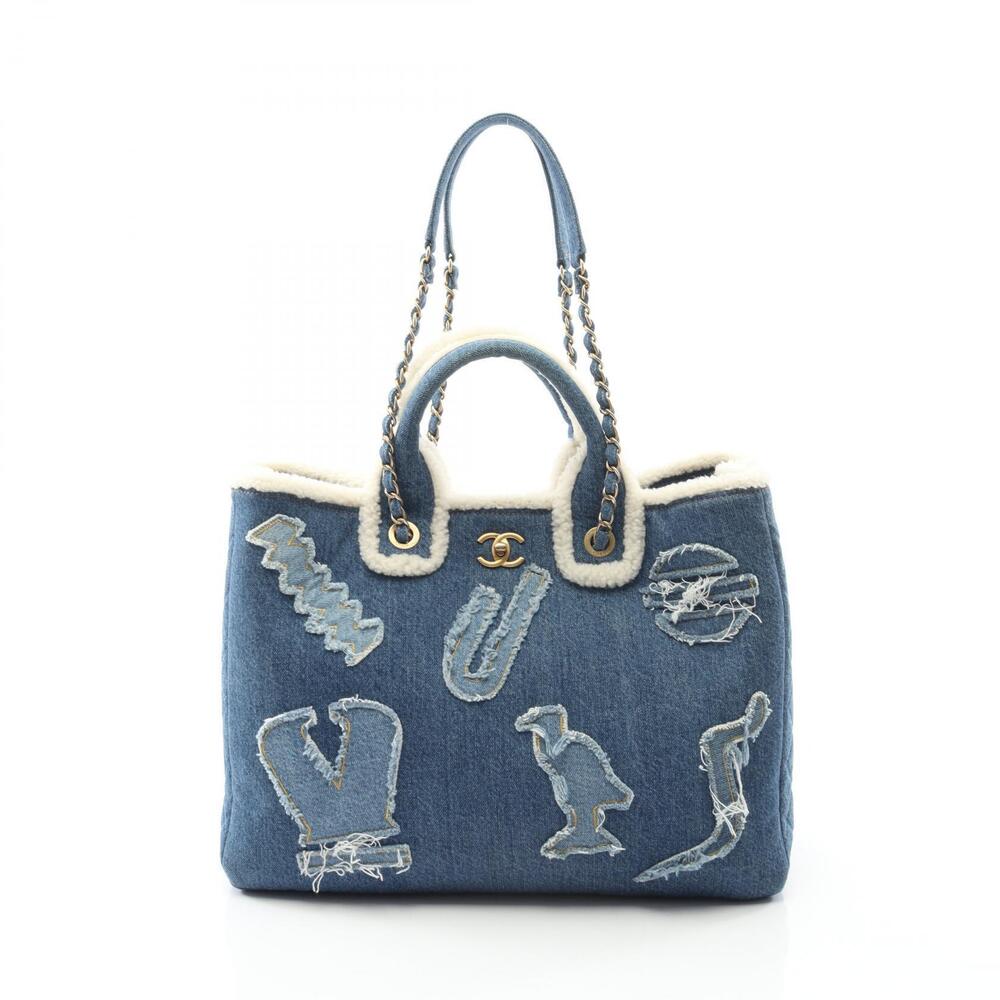 Chanel Shopping Bag Tote Denim Shearling Blue White